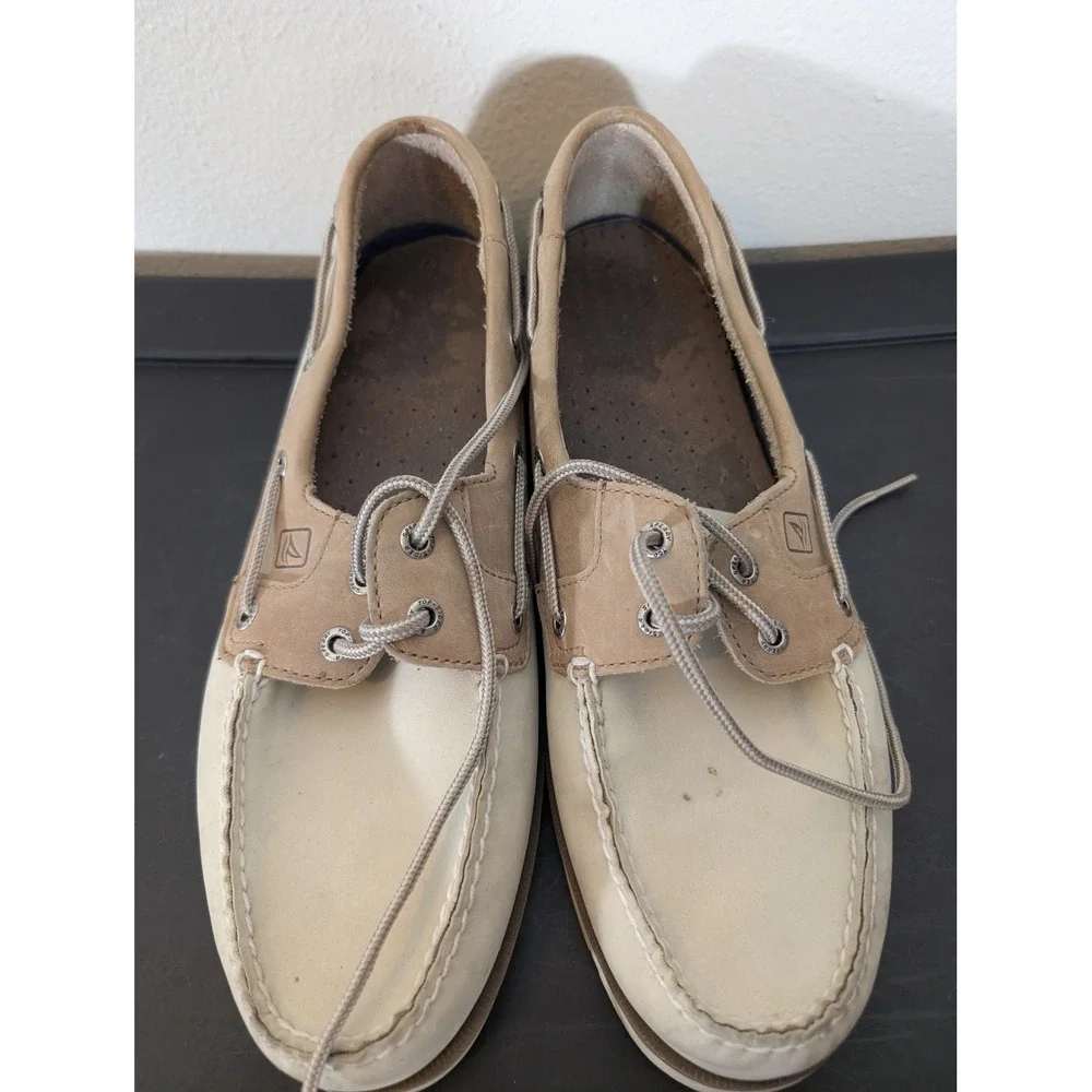 Sperry Top-Sider Mens 11.5 Boat Shoes Beige Cream Leather Deck Shoes Moc Toe